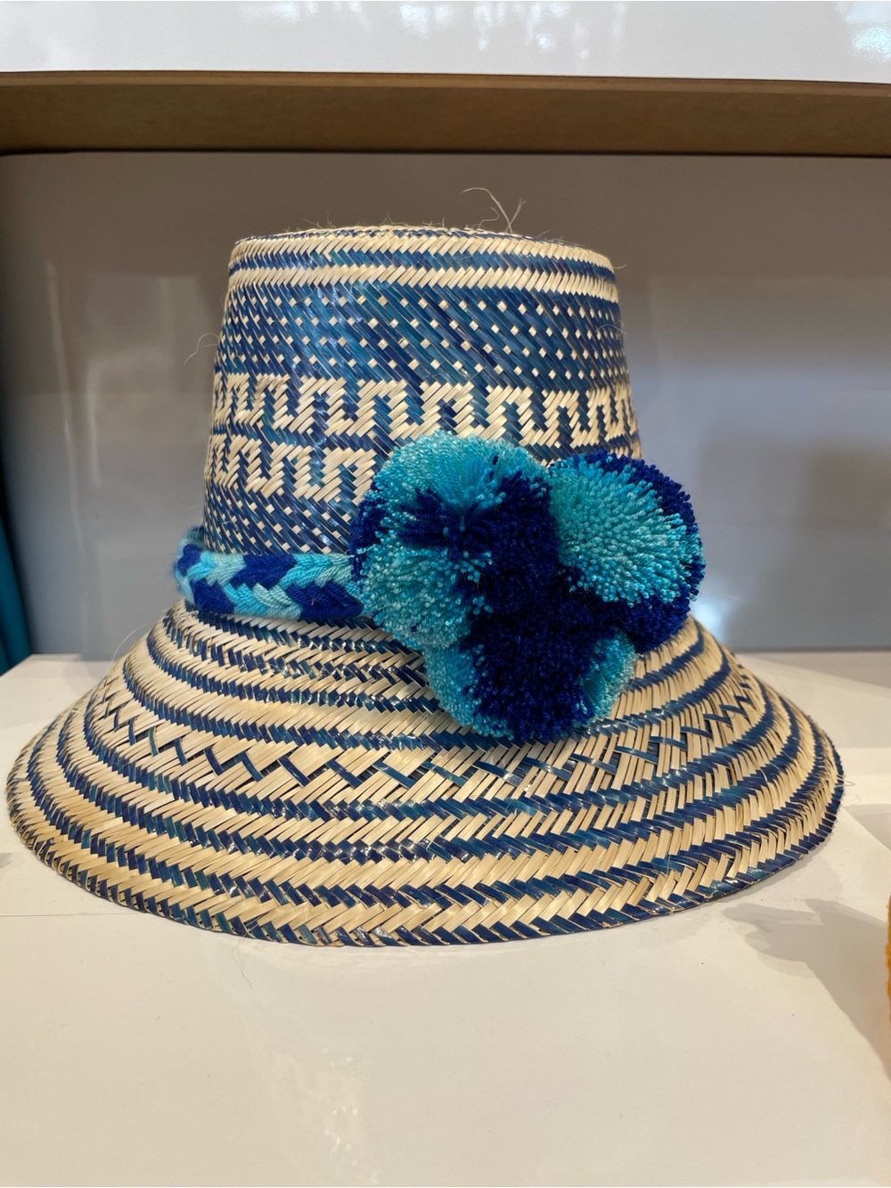 Blue Woven Straw Sun Hat with Pom-Pom Trim